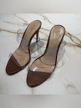 Schutz Brown Leather & Clear Strap Heeled Sandals